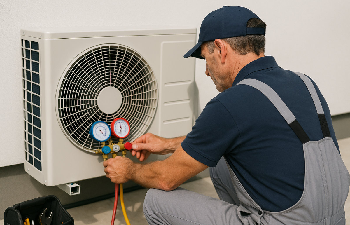 HVAC technician servicing a heat pump.
