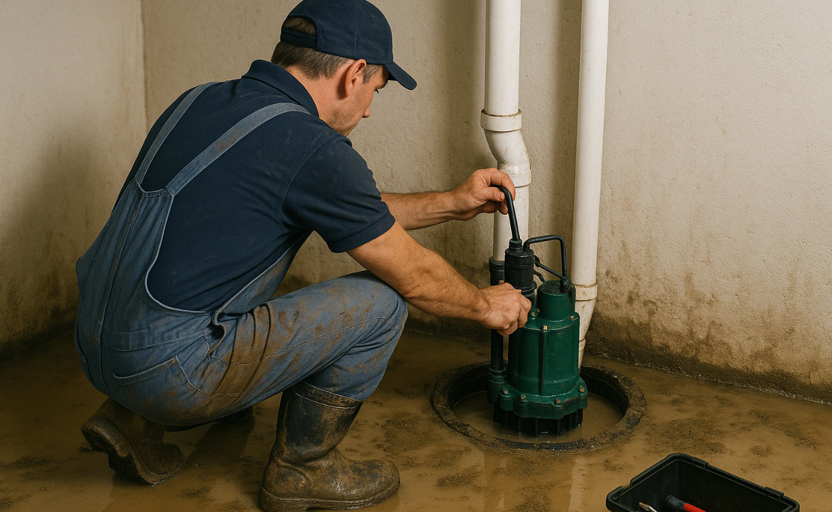 Plumber servicing a sump pump.